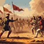 Historical battle scene with soldiers in traditional attire, wielding spears and swords.