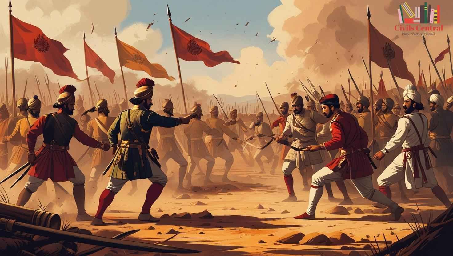 Historical battle scene with soldiers in traditional attire, wielding spears and swords.