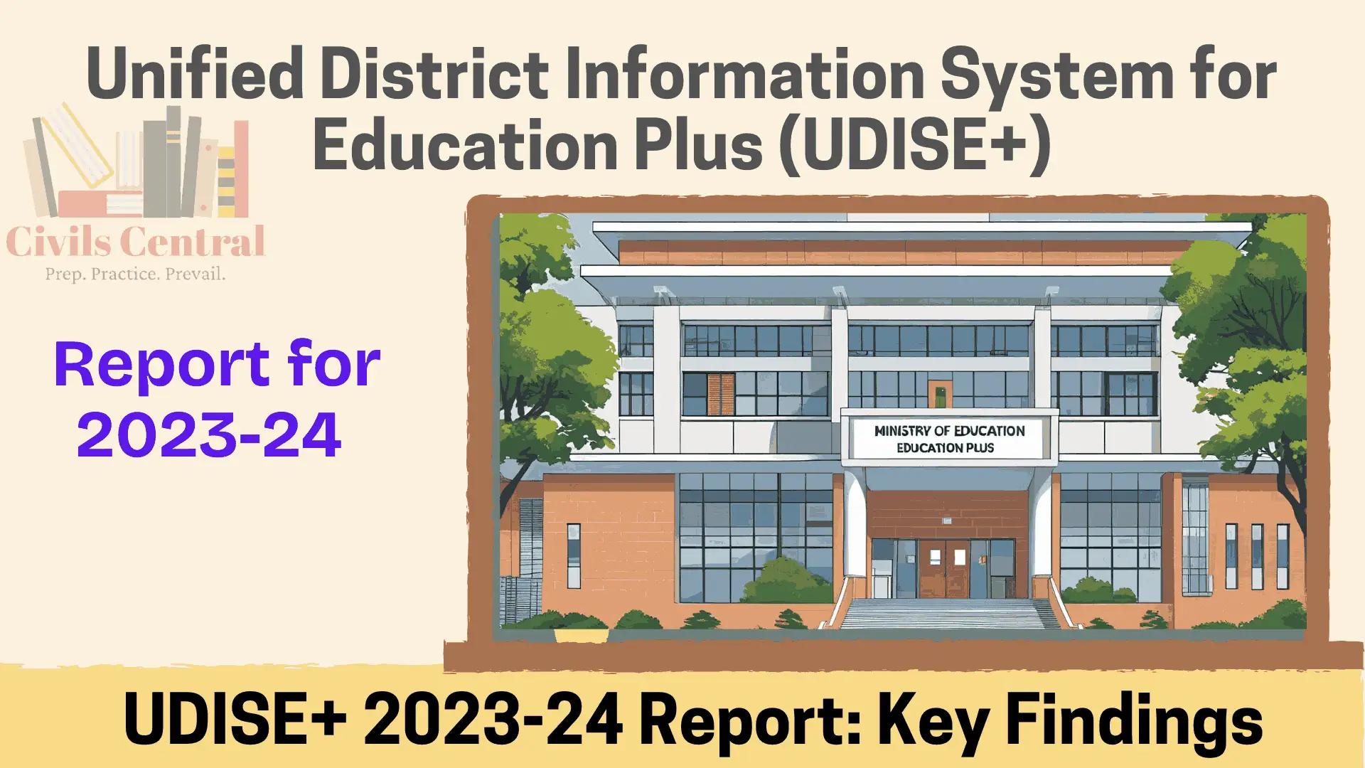 Cover image showing the Ministry of Education building with the title "Unified District Information System for Education Plus (UDISE+)" and highlights of the 2023–24 report.