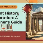 Illustration of ancient ruins with tall stone pillars alongside a title banner that reads “Ancient History Preparation: A Beginner’s Guide” for UPSC and JKAS aspirants.