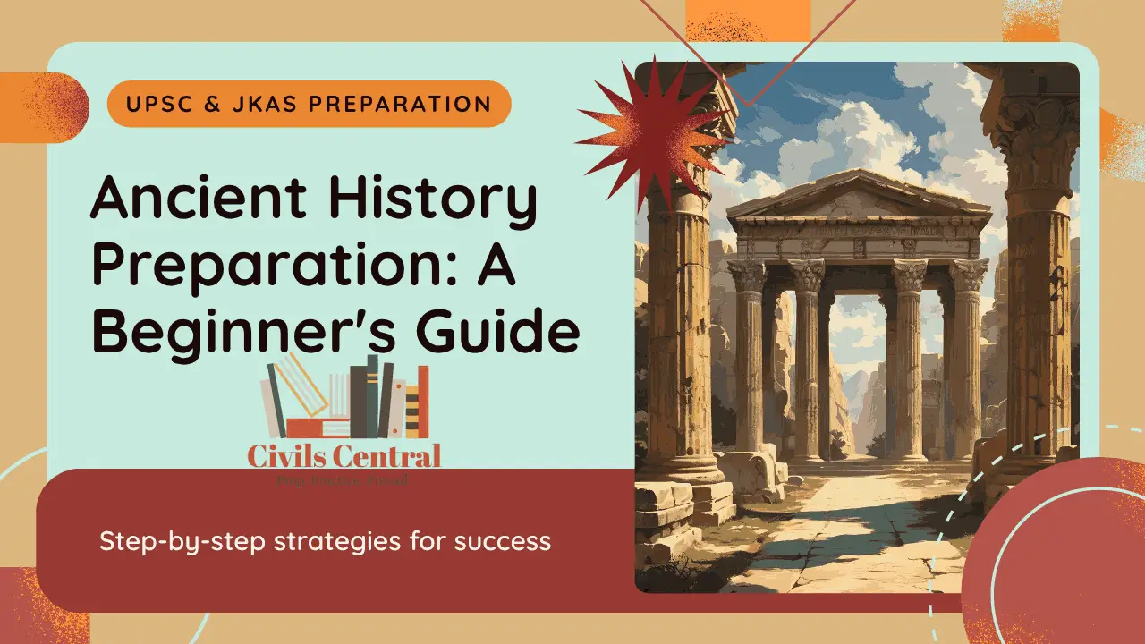 Illustration of ancient ruins with tall stone pillars alongside a title banner that reads “Ancient History Preparation: A Beginner’s Guide” for UPSC and JKAS aspirants.