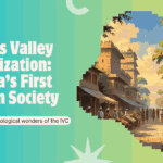Ancient ruins and archaeological symbols representing the Indus Valley Civilization with an academic and historical layout.