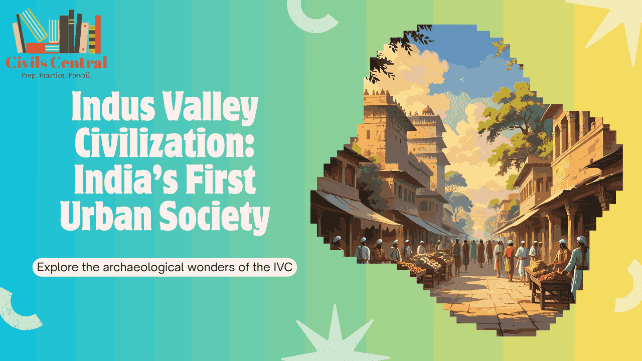Ancient ruins and archaeological symbols representing the Indus Valley Civilization with an academic and historical layout.