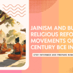Ancient Indian monks seated under a tree in meditation, symbolizing the rise of Jainism and Buddhism during 6th century BCE.