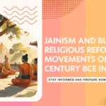 Ancient Indian monks seated under a tree in meditation, symbolizing the rise of Jainism and Buddhism during 6th century BCE.