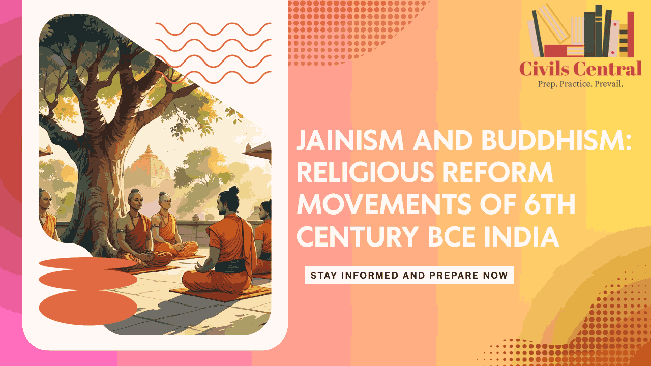 Ancient Indian monks seated under a tree in meditation, symbolizing the rise of Jainism and Buddhism during 6th century BCE.