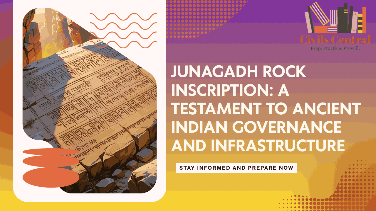 Ancient Junagadh rock inscription carved in Brahmi script showcasing India’s early administrative and irrigation achievements.