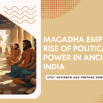 Ancient Indian scholars debating in a palace corridor, symbolizing the rise of political power in the Magadha Empire.