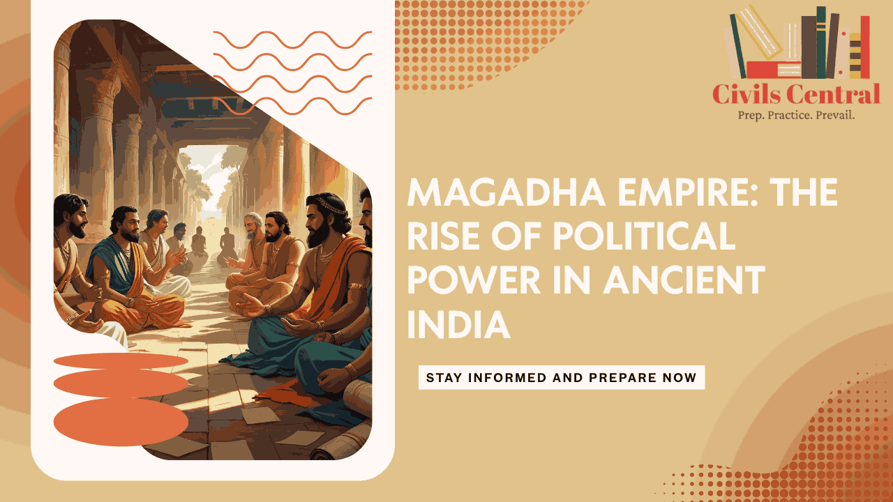 Ancient Indian scholars debating in a palace corridor, symbolizing the rise of political power in the Magadha Empire.