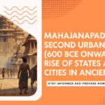 Ancient Indian city with people walking through grand architectural structures, symbolizing the rise of Mahajanapadas and urban centers during second urbanization