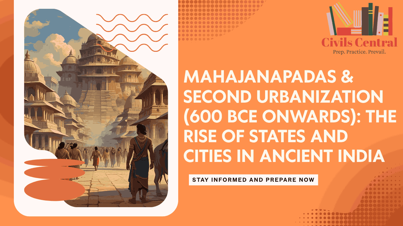 Ancient Indian city with people walking through grand architectural structures, symbolizing the rise of Mahajanapadas and urban centers during second urbanization