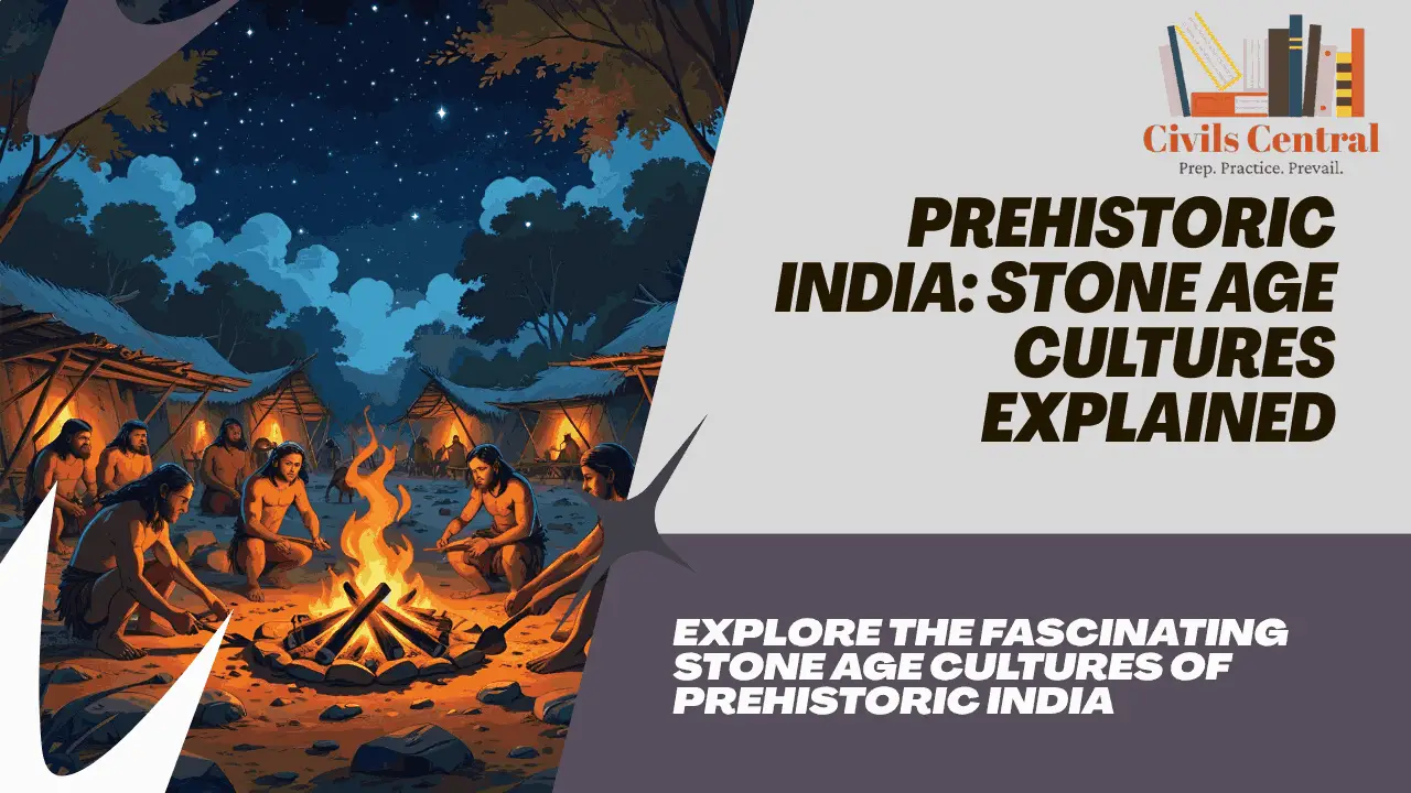 "Academic blog banner for 'Prehistoric India: Understanding the Stone Age Cultures for UPSC & JKAS' featuring cave art and ancient tools on a dark scholarly background."