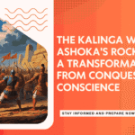 Illustration of the Kalinga War and Ashoka's transformation through Rock Edicts, symbolizing the shift from conquest to moral governance in ancient India.