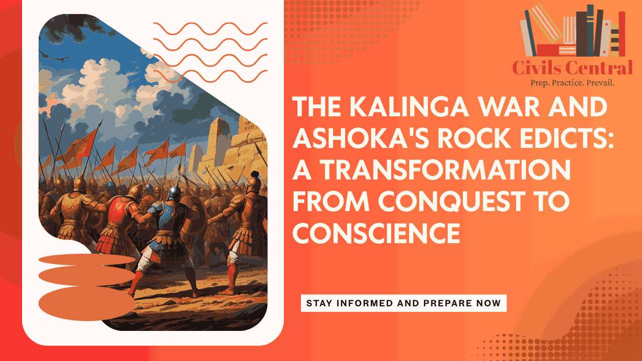 Illustration of the Kalinga War and Ashoka's transformation through Rock Edicts, symbolizing the shift from conquest to moral governance in ancient India.