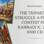 Illustration of the Tripartite Struggle for Kannauj (c. 750–1000 CE) featuring battle scenes and rulers from the Gurjara-Pratiharas, Palas, and Rashtrakutas.