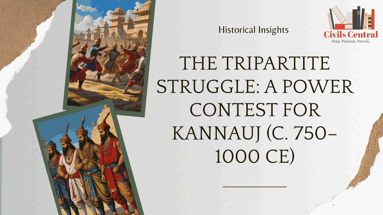 Illustration of the Tripartite Struggle for Kannauj (c. 750–1000 CE) featuring battle scenes and rulers from the Gurjara-Pratiharas, Palas, and Rashtrakutas.