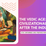 Vedic sage teaching a student in a forest setting with ancient scriptures – Civils Central educational graphic on India's civilizational shift after the Indus Valley