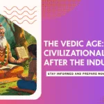 Vedic sage teaching a student in a forest setting with ancient scriptures – Civils Central educational graphic on India's civilizational shift after the Indus Valley