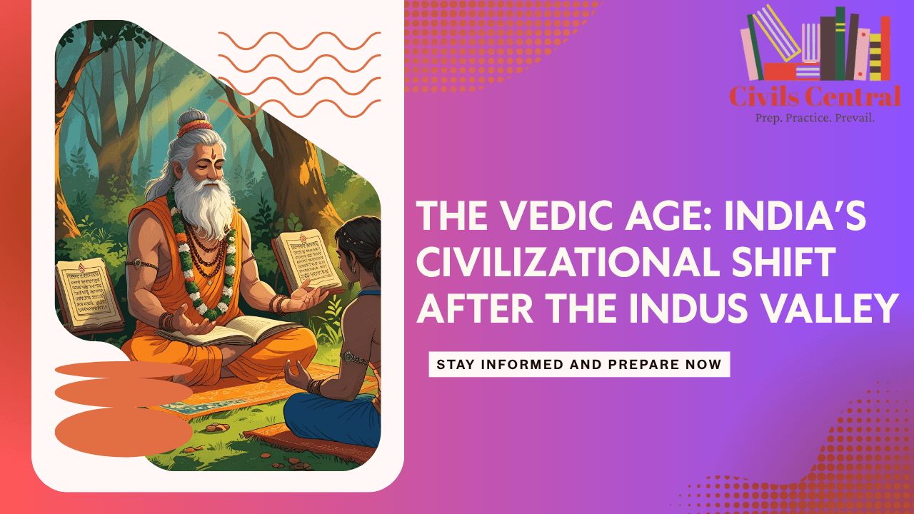 Vedic sage teaching a student in a forest setting with ancient scriptures – Civils Central educational graphic on India's civilizational shift after the Indus Valley