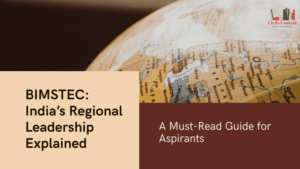 Map highlighting BIMSTEC countries with India at the center, symbolizing regional diplomacy and strategic leadership for UPSC/JKAS exam guide.