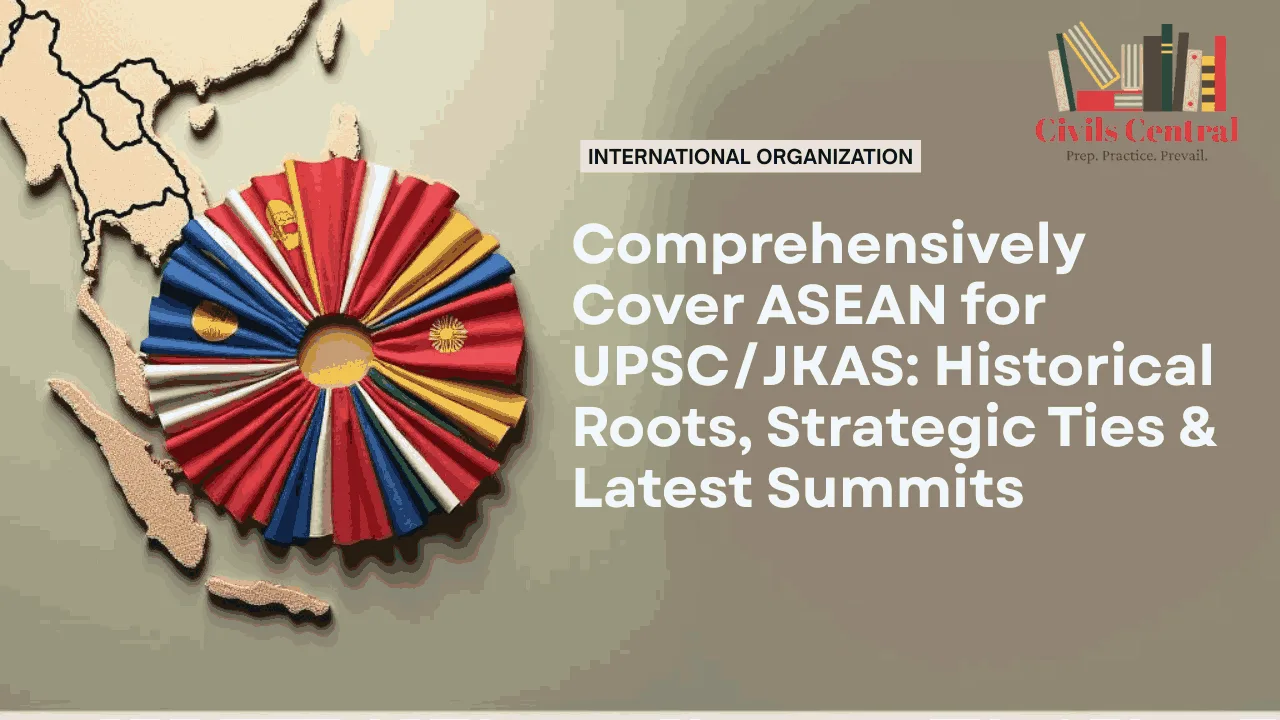 Flags of ASEAN countries with a Southeast Asia map and icons representing regional cooperation and unity.