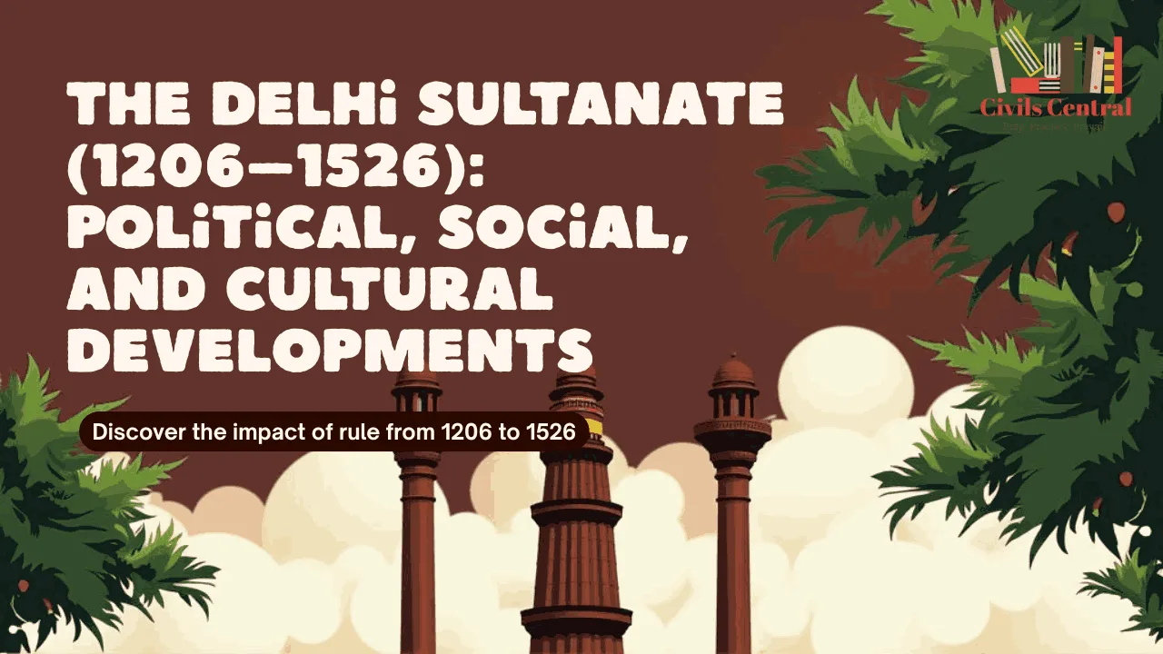 “Illustration of the Delhi Sultanate period featuring Indo-Islamic architecture, symbolic calligraphy, and historic imagery representing medieval India.”