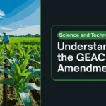 Illustration of GM crops, DNA strand, and policy documents for an educational blog