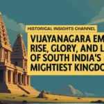 Illustration of the Vijayanagara Empire’s grandeur, featuring ancient South Indian architecture inspired by Hampi, in regal tones with historical styling.