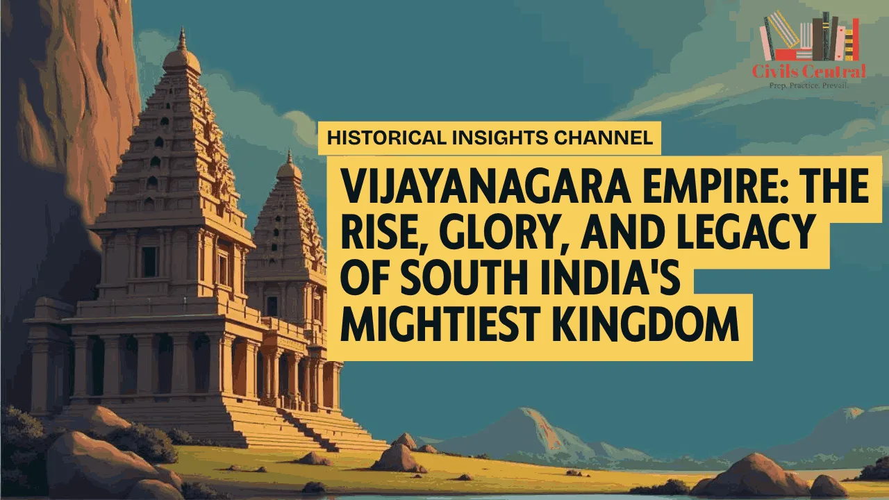 Illustration of the Vijayanagara Empire’s grandeur, featuring ancient South Indian architecture inspired by Hampi, in regal tones with historical styling.