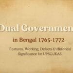 Dual Government in Bengal (1765–1772) showing British East India Company rule, Bengal map, and title ‘Features, Working, Defects & Historical Significance’ for UPSC and JKAS exam preparation.