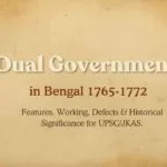 Dual Government in Bengal (1765–1772) showing British East India Company rule, Bengal map, and title ‘Features, Working, Defects & Historical Significance’ for UPSC and JKAS exam preparation.