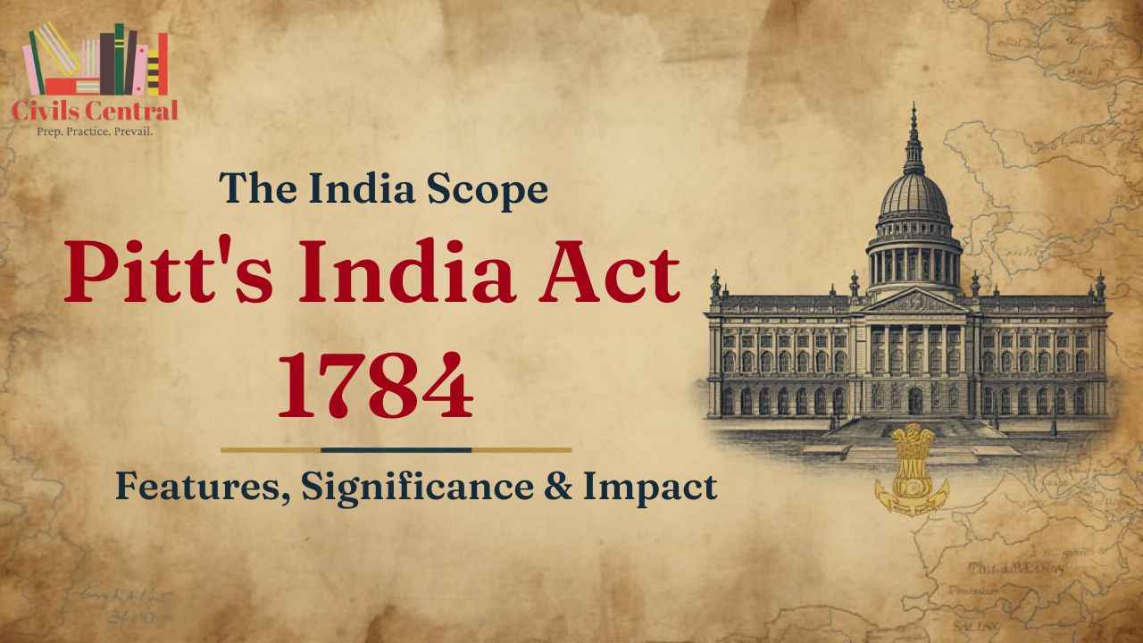 Pitt’s India Act 1784 YouTube thumbnail showing British Parliament imagery, East India Company symbolism, and a historical map of India highlighting features, significance, and impact on British administration for UPSC and JKAS preparation.