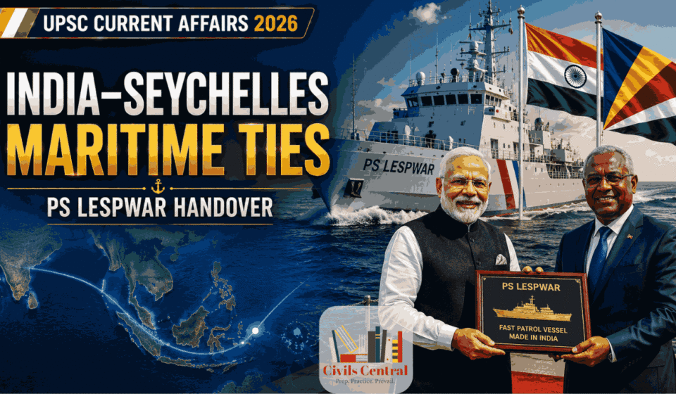 Prime Minister Narendra Modi handing over a Made-in-India patrol vessel to Seychelles symbolising India's maritime diplomacy and SAGAR vision.