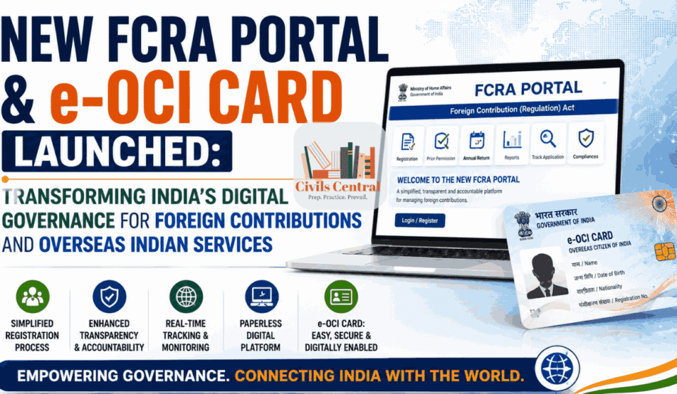 New FCRA Portal & e-OCI Card Launched: Transforming India’s Digital Governance for Foreign Contributions and Overseas Indian Services New FCRA Portal & e-OCI Card Launched_ Transforming India’s Digital Governance for Foreign Contributions and Overseas Indian Services